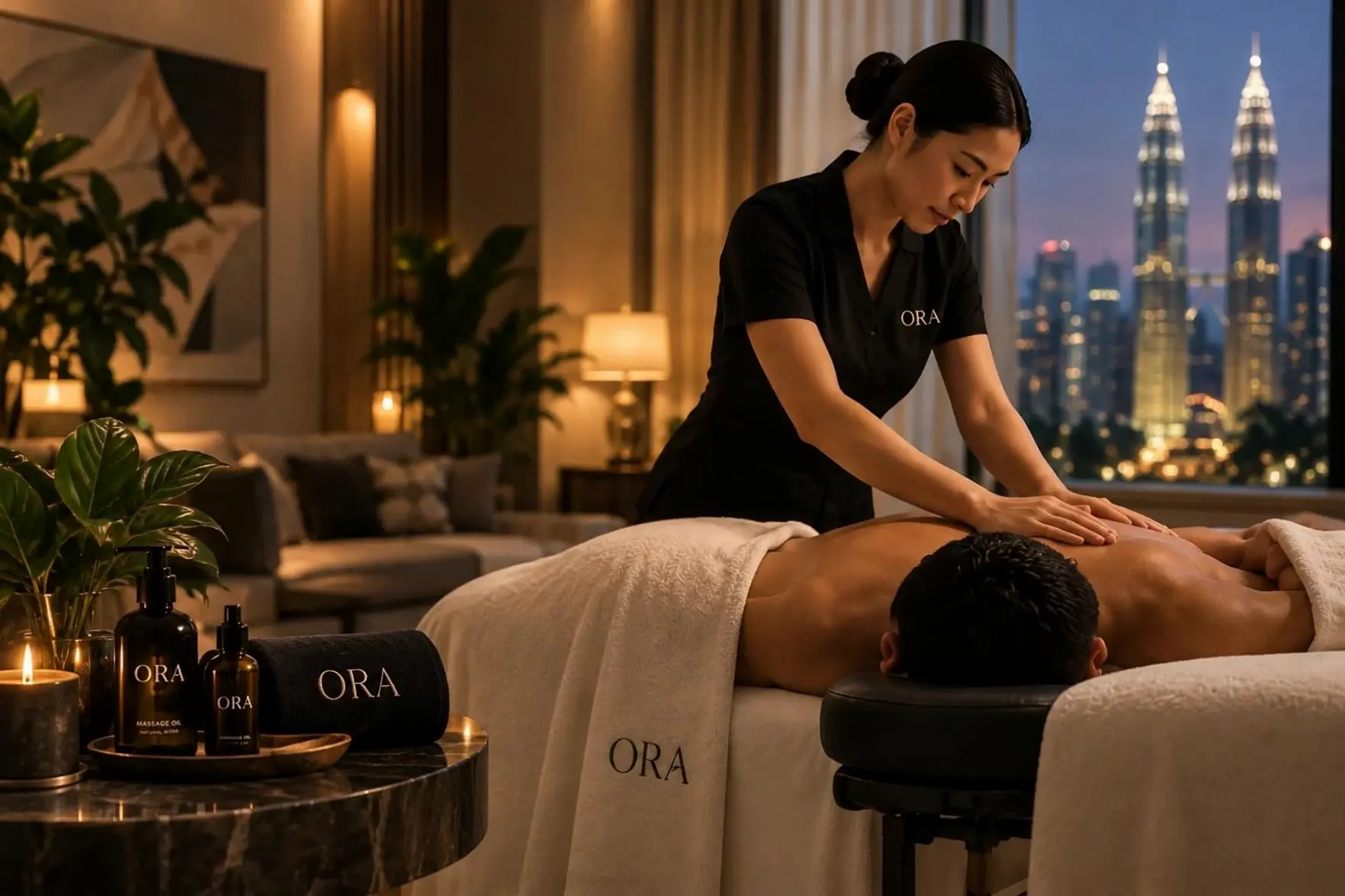 An ORA therapist giving a back massage in a candlelit living room, with the Petronas Towers lit at night through the window