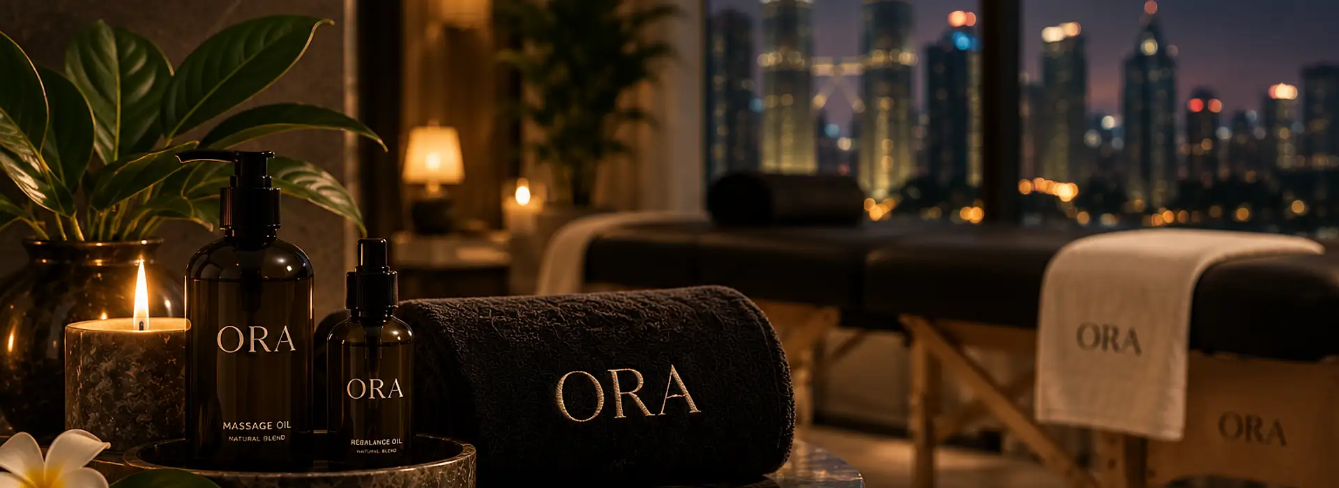 The ORA kit on a marble table: massage oils, a candle and a rolled towel, with Kuala Lumpur at night beyond