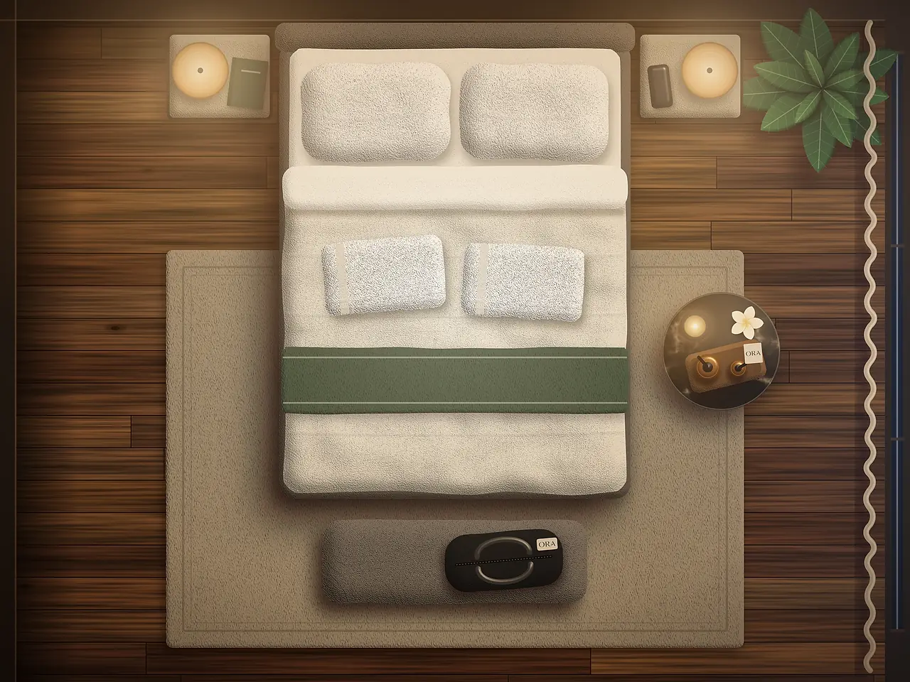A bedroom seen from above, made ready for a massage: a bed with two folded bath towels on it, bedside lamps lit, and ORA massage oils on a tray beside it.